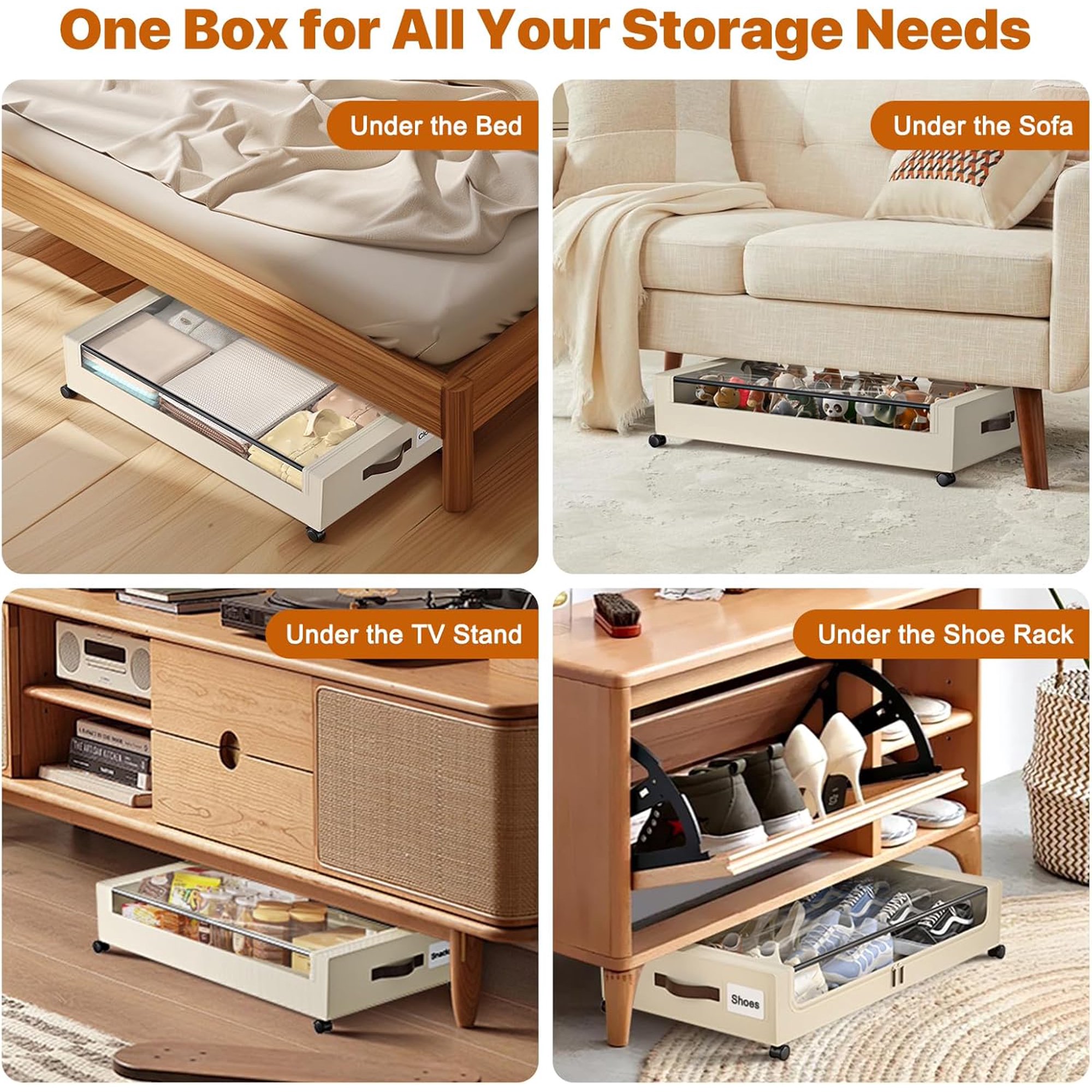 Under Bed Storage with Wheels, 4 Pack Under Bed Storage Containers with Clear Lids, XXL 60L Under-Bed Organizers for Clothes