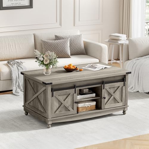 48" Farmhouse Lift Top Coffee Table with Storage Sliding Barn Door & Large Hidden Compartment