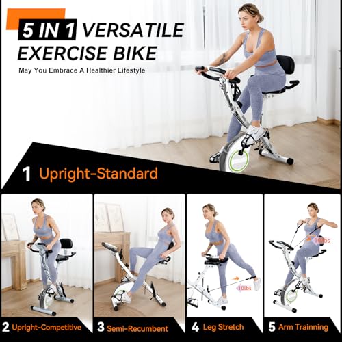Foldable Exercise Bike Stationary Bikes for Home, 5 IN 1 Indoor Workout Bike, Cycling Bike with 16-Level Quiet Magnetic Resistance