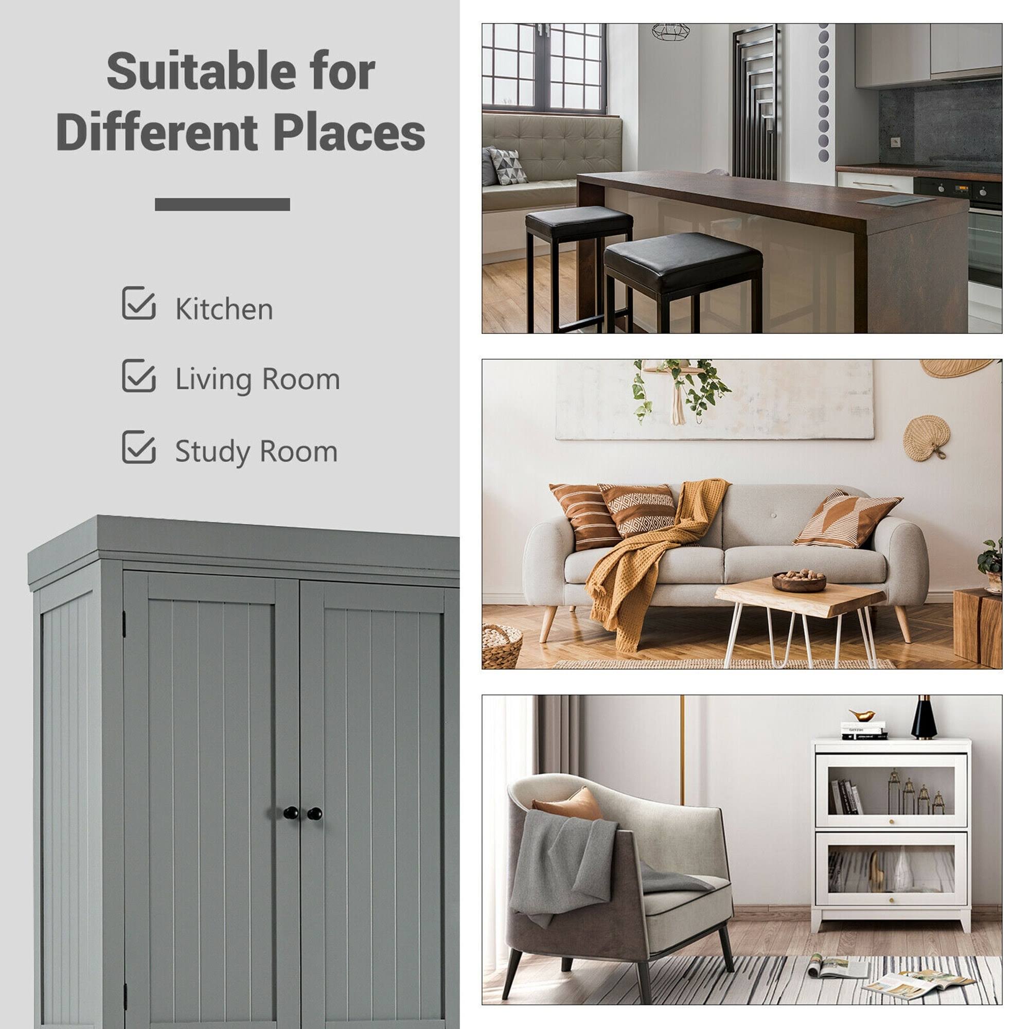 Gymax Kitchen Cabinet Pantry Cupboard Freestanding w/Shelves Grey - See Details