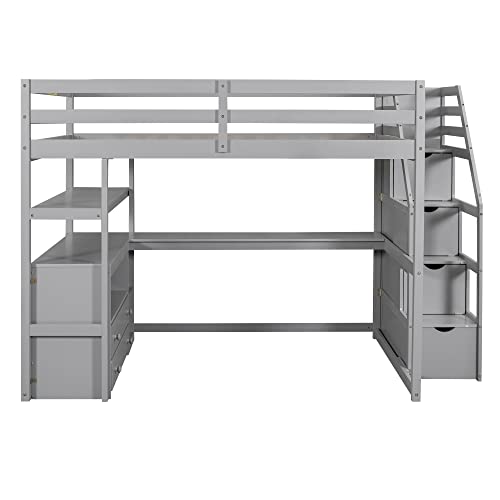Twin Loft Bed with Staircase, Desk and Wardrobe, Wood Loft Bed with Storage Shelves and Safety Guardrail