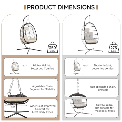 Outdoor Hanging Egg Chair, Patio Wicker Swing Chair with Stand and Cushion, Wider Basket Seating