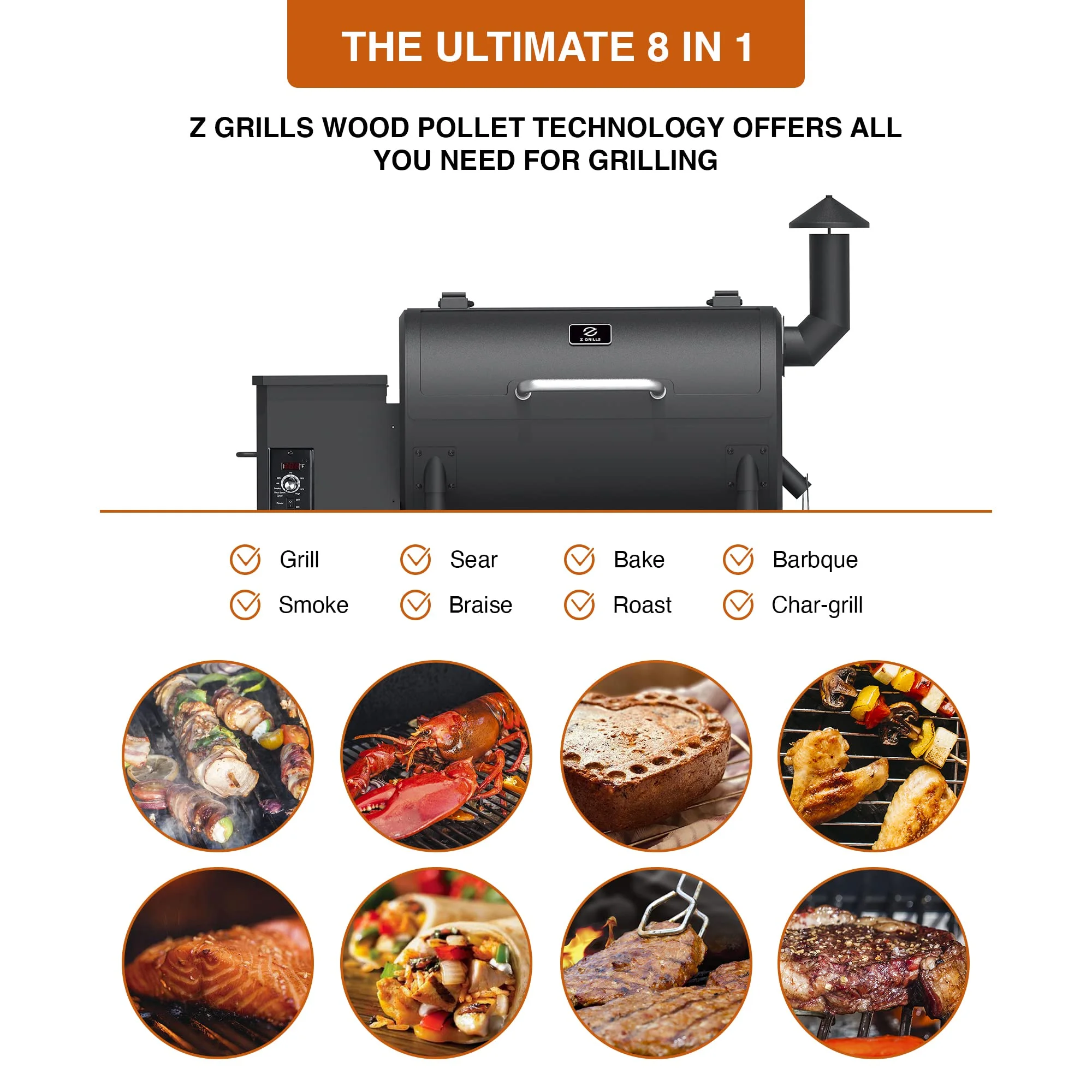 Z GRILLS 550B 560 sq. in. Wood Pellet Grill & Smoker, 8 in 1 BBQ Grill with Latest PID Technology