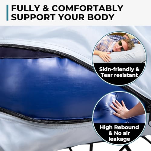 FUNDANGO Queen Camping Cot, 2 Person Folding Airbed Mattress, Double Camp Bed with 2 Cup Holders, Removeable Cover for Adults Outdoor Travel