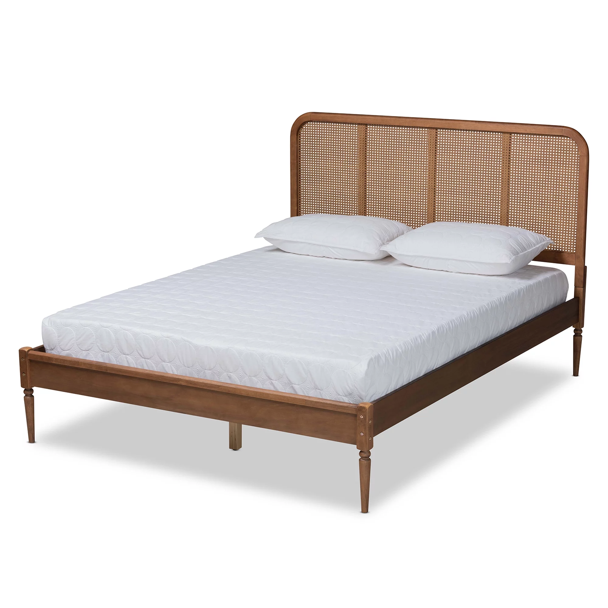Baxton Studio Elston Mid-Century Modern Walnut Brown Finished Wood and Synthetic Rattan Queen Size Platform Bed