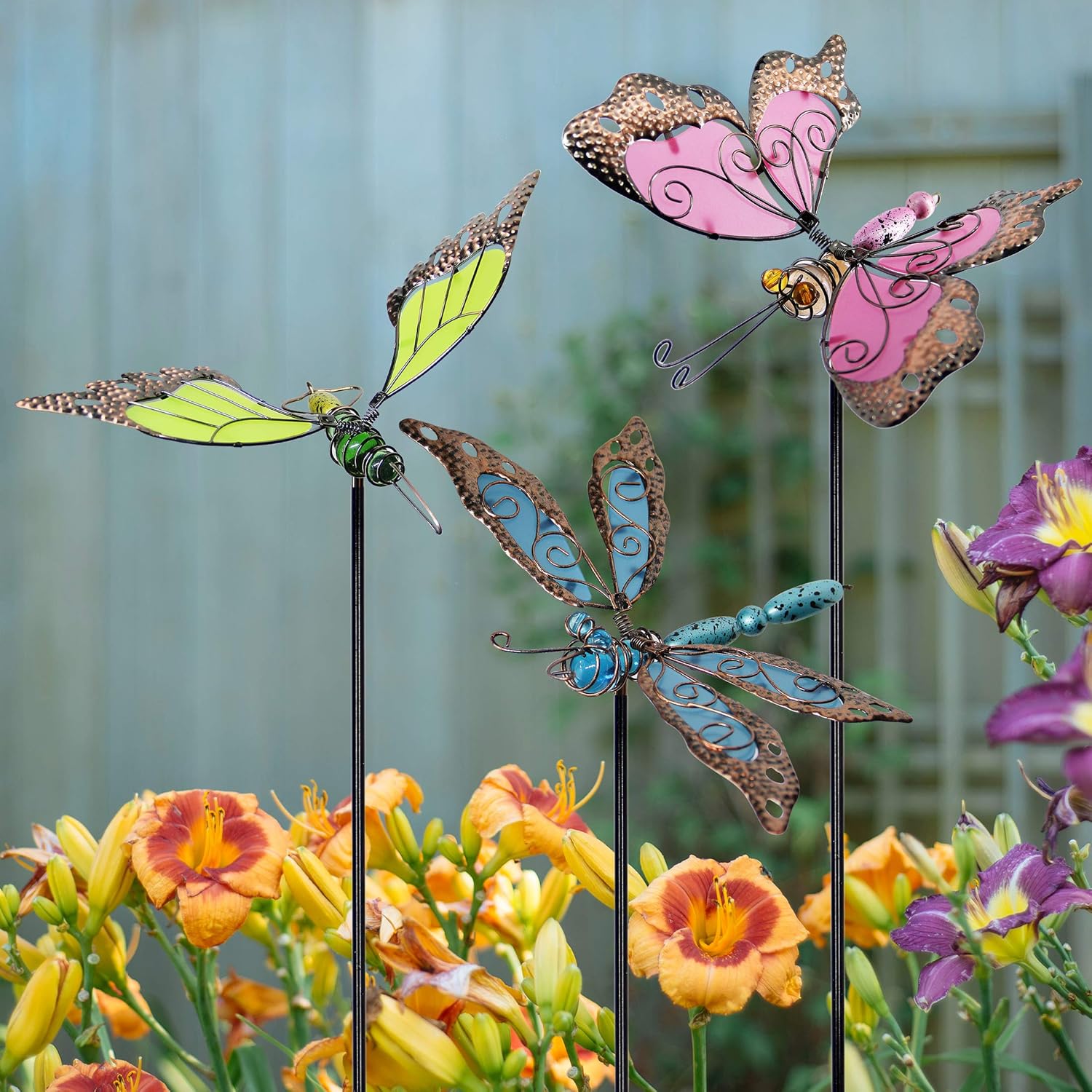 Juegoal 34 Inch Butterfly Garden Stakes Decor, Dragonfly Hummingbird Stakes, Glow in Dark Metal Yard Art for Mom, Mothers Day Ideal Gifts