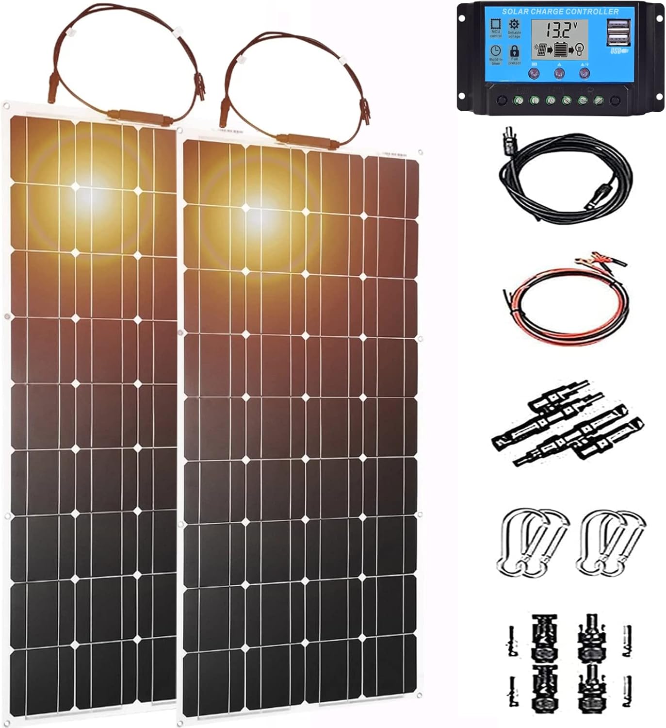600 Watt Solar Panel Kit 2X300W Flexible Monocrystalline(HIGH Efficiency) Include Charge Controller(40A)and Cable for 24v Battery Charging Car