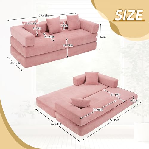 Convertible Sleeper Sofa Bed with Cylindrical Pillow, Corduroy Folding Mattress Couch with Fixed-Shape Frame