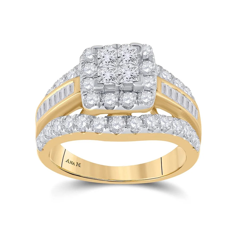 Women's Solid 14kt Yellow Gold Princess Diamond Cluster Bridal Wedding Engagement Ring 2 Cttw Ring Size 6