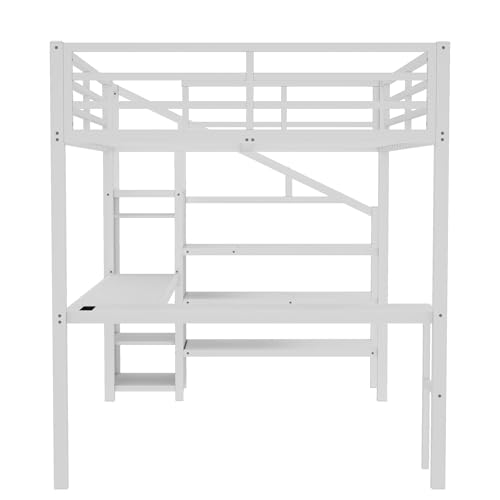 SOFTSEA Queen Size Loft Bed with LED Lights & USB Ports, Heavy Duty Metal Loft Bed with L Shaped Desk & Storage Stairs