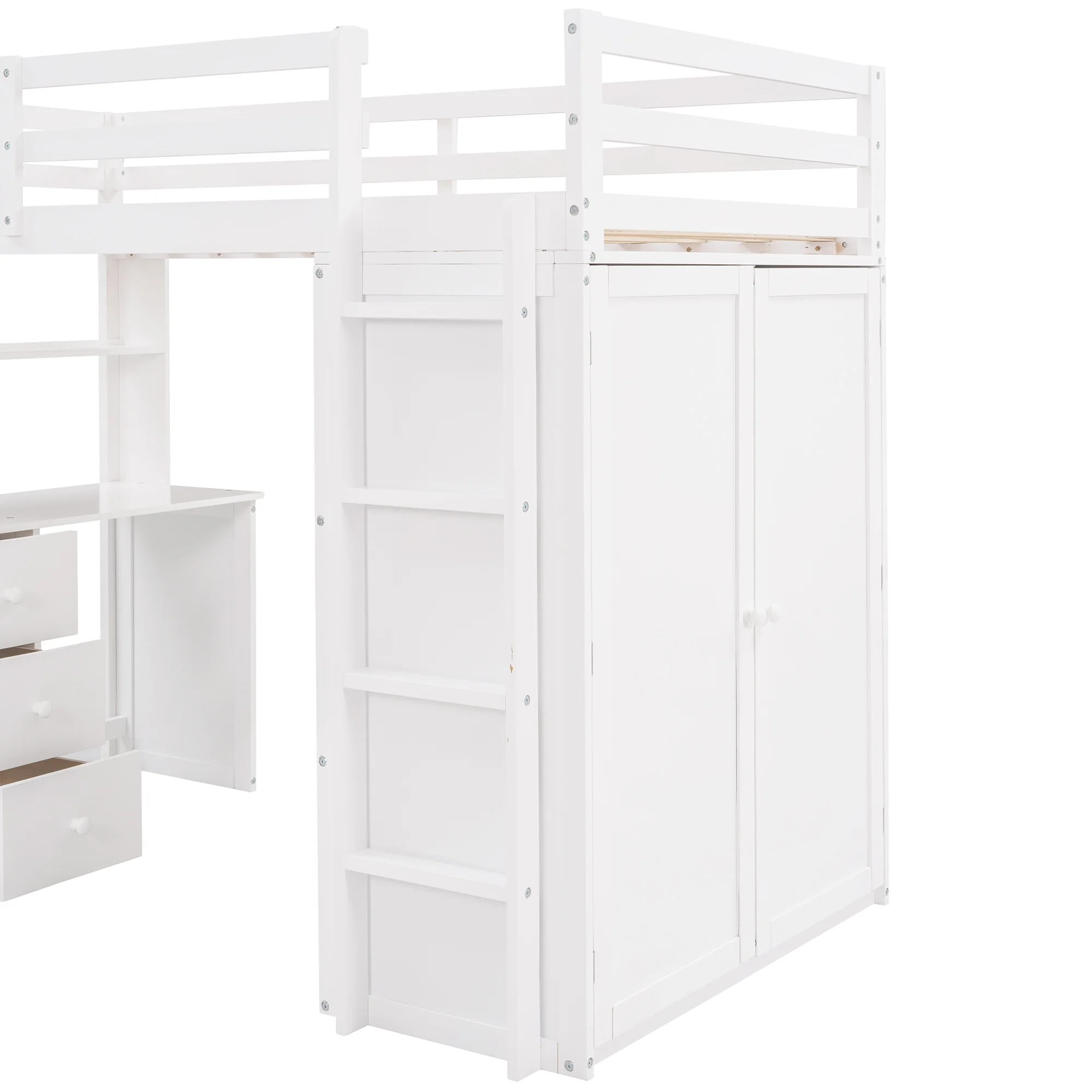Wooden Twin Size Loft Bed for Kids, Twin Loft Bed with Drawers, Desk, Wardrobe, Ladder & Safety Rails