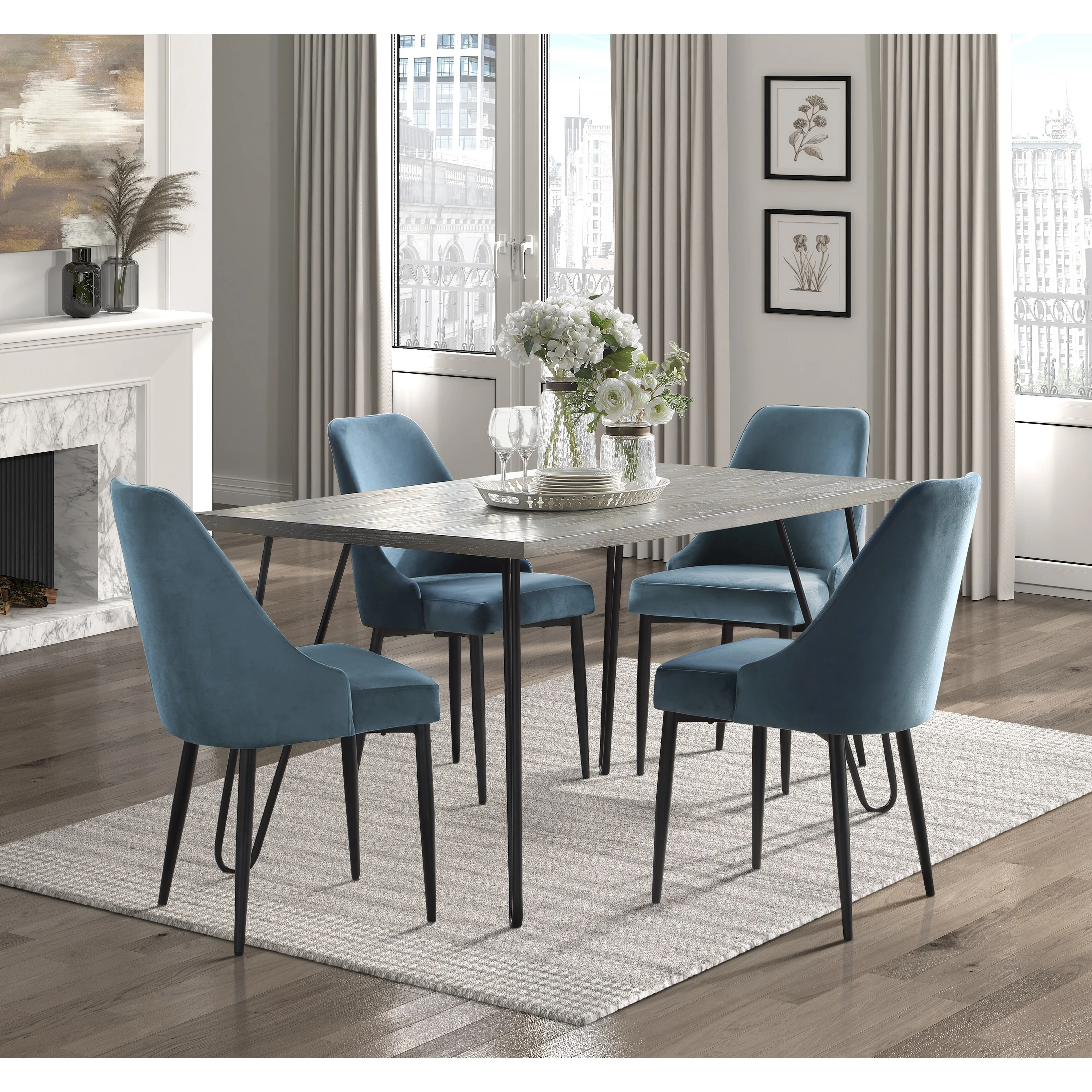 Rectangular Wooden Dining Table w/ 4 Velvet Upholstered Dining Chairs