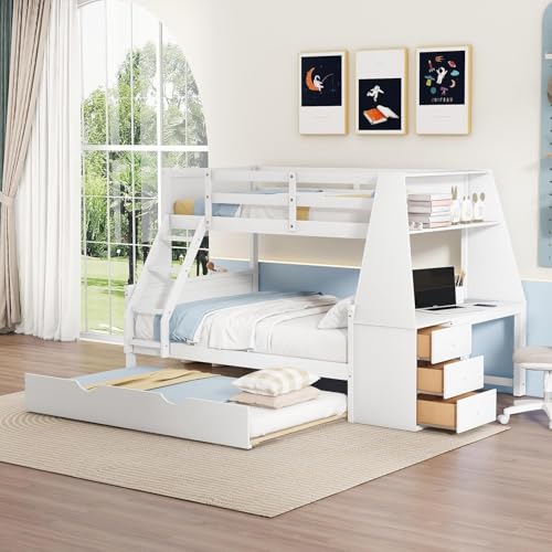 Twin Over Full Bunk Bed with Desk and Trundle, Wooden Bunk Beds Twin over Full Size with Storage Drawers and Shelf