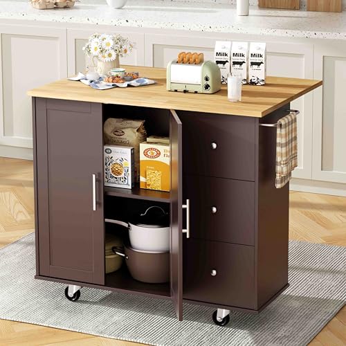 Shintenchi Rolling Kitchen Island Cart with Folding Drop Leaf Breakfast Bar, Portable Trolley Island with Large Storage Cabinet, Shelf and Drawer