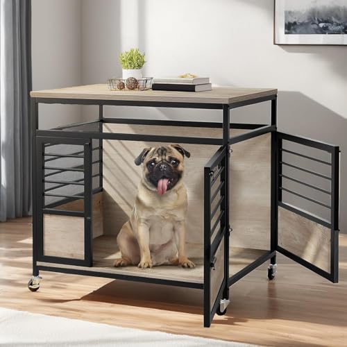 YITAHOME 39 Inch Dog Crate Furniture with Storage Shelves, Wooden Dog Crate for Large Dogs with Power Outlets