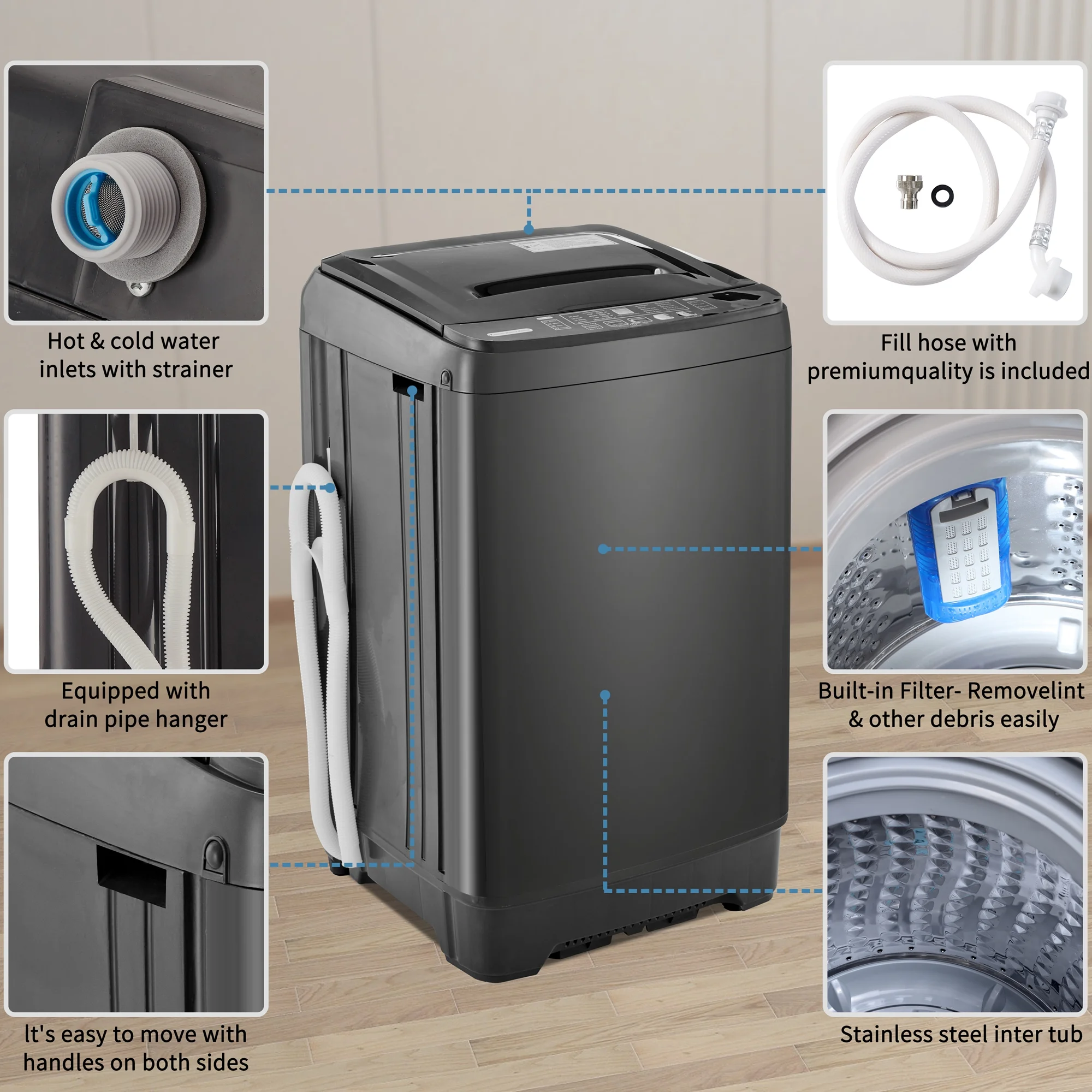 Churanty Small Portable Home Automatic Washer Machine with Drain Pump 17.6 Pounds for Apartments Dorms Laundry