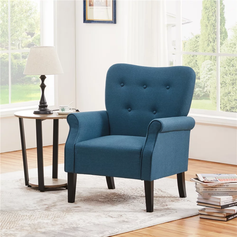 Yaheetech 2pcs Modern Upholstered Accent Chair with Wooden Leg for Living Room, Navy Blue