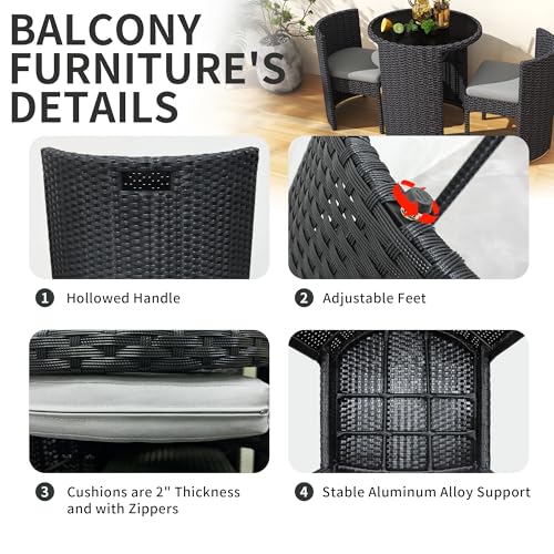 TWT 3 Pieces Fully Assembled Aluminum Outdoor Patio Bistro Set All-Weather Wicker Patio Furniture with Tempered Glass Table & Patio Chairs for