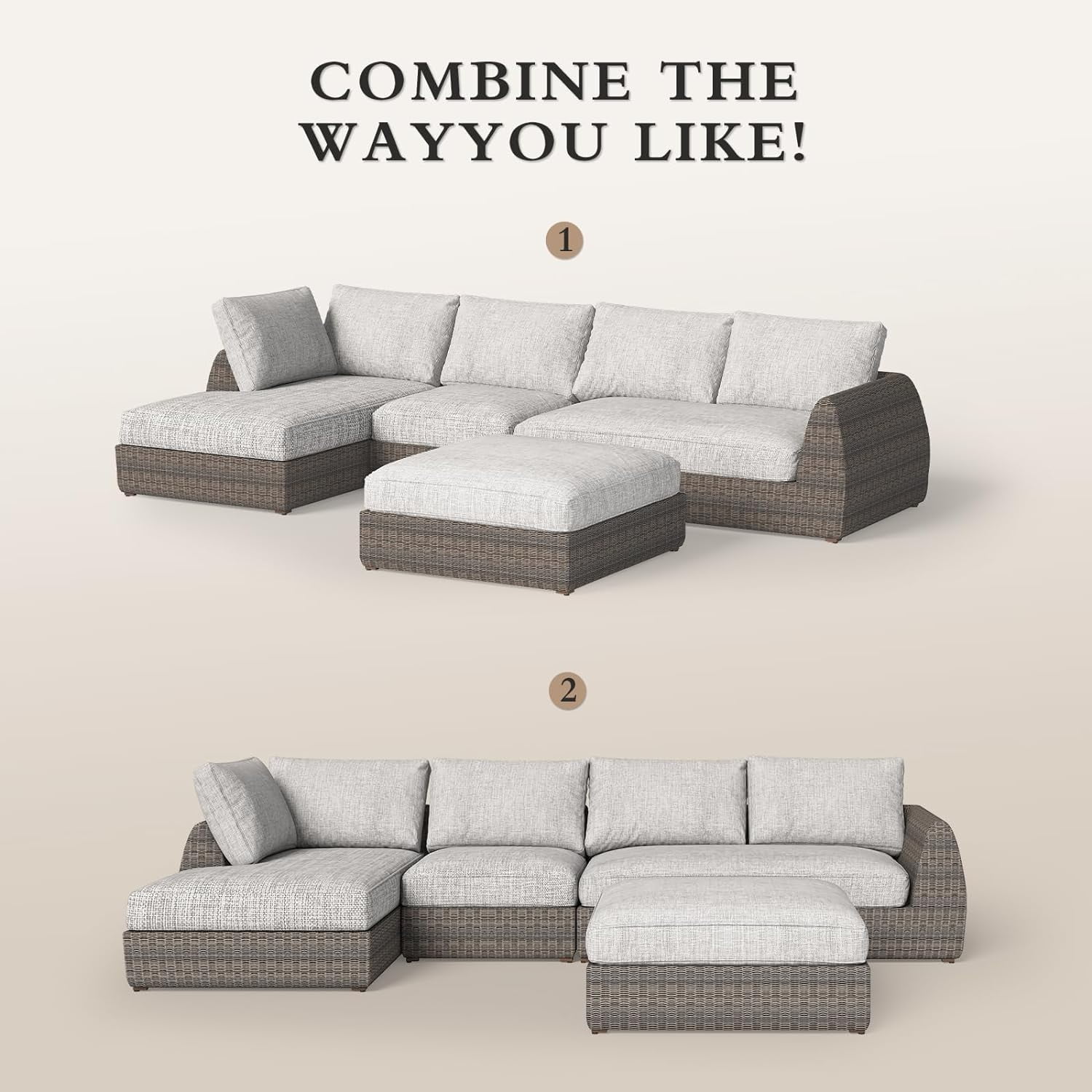 AECOJOY L-Shape Outdoor Patio Deep Seating Lounge Set with Sofa, 4-Piece Backyard Patio Furniture Set, Brown Rattan Conversation Sets,Light Grey
