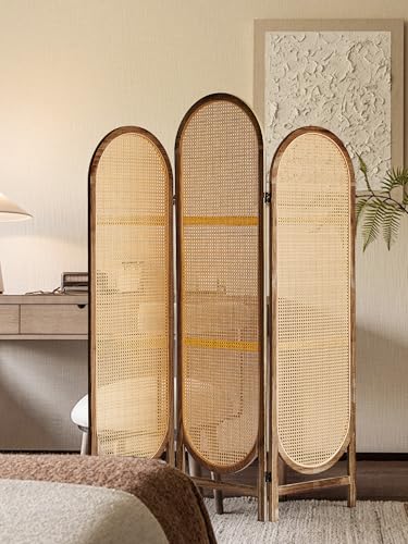 3 Panel Room Dividers and Folding Privacy Screens, Hand-Made Rattan Room Divider with Bi-Directional Hinge