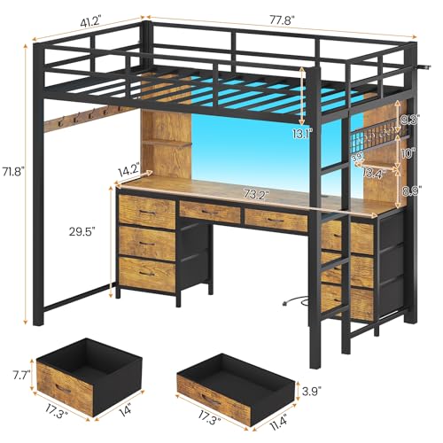ADORNEVE Full Size Loft Bed with Desk and 8 Storage Drawers, Metal Loft Beds Full with LED Lights & Charging Sation