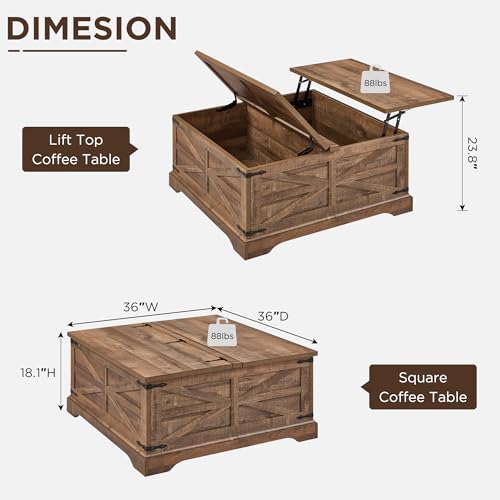 JXQTLINGMU Farmhouse Lift Top Coffee Table with Storage, 36" Wood Square Center Table with Large Hidden Compartment
