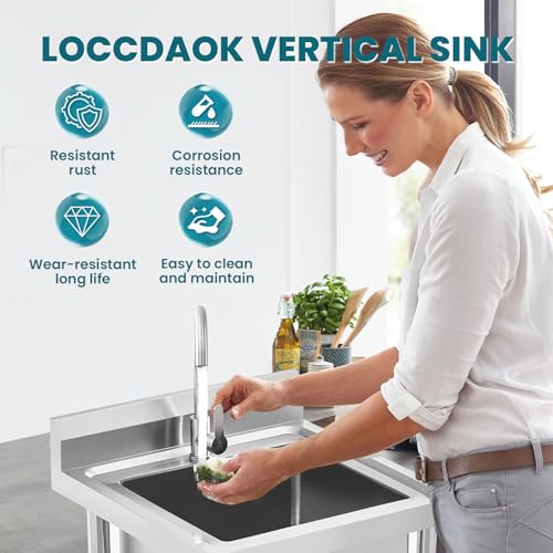 Utility Sink Stainless Steel Free Standing Single Bowl Laundry Outdoor Commercial Kitchen Sink with Cold Hot Pipe for Bar, Garage, Restaurant