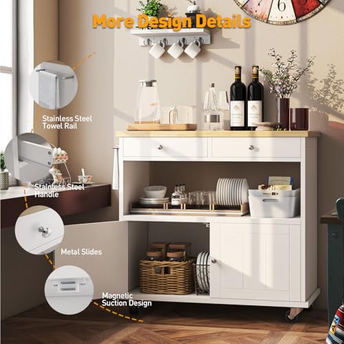 Rolling Kitchen Island with Storage Cabinet, 35.4'' Width Kitchen Cart, 2 Drawers Island Table, Portable Mobile Kitchen Island with Towel Rack