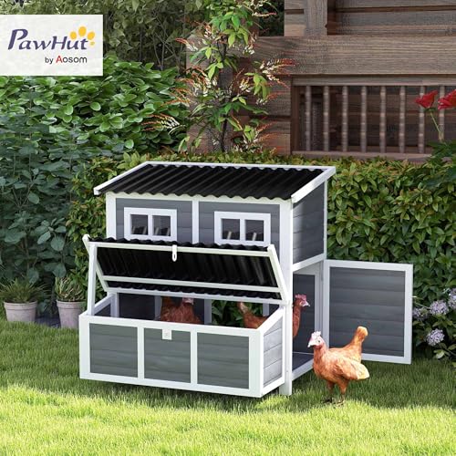 PawHut Wooden Chicken Coop, 39" Chicken House with Nesting Box, Pull-Out Tray, Waterproof Roof, Hen House Outdoor Poultry Cage for 4-6 Chickens