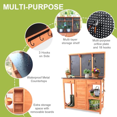 Outdoor Garden Potting Bench, Horticultural Wooden Workstation Table with Storage Drawer, Cabinet, Metal Pegboard