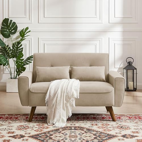48.8" Small Loveseat Sofa, Mid Century Modern Love Seat Couch with Back Cushions and Wood Legs, 2 Seater Couches for Living Room, Bedroom
