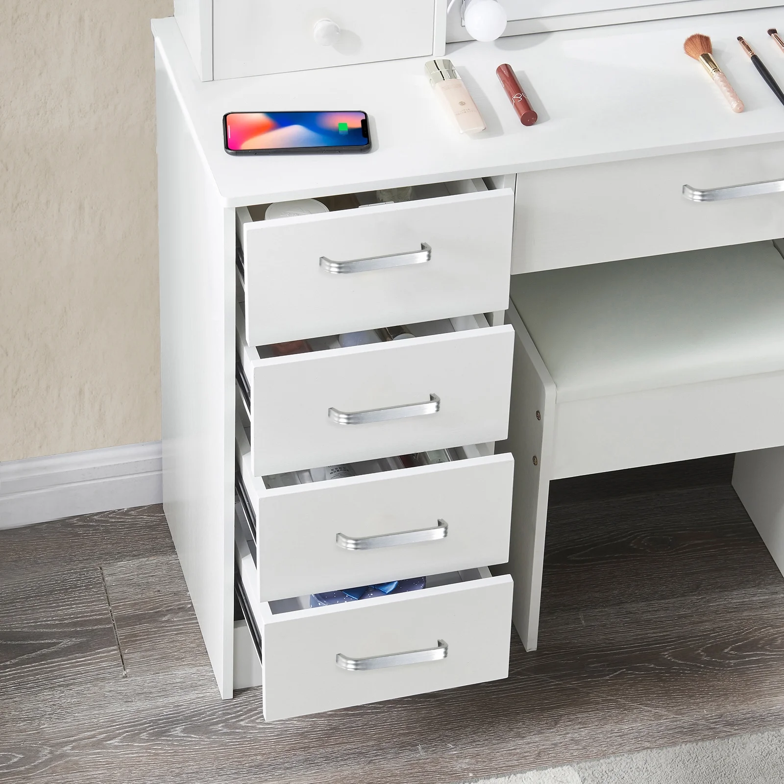 Yamissi Modern Vanity Desk for Bedroom, Makeup Vanity with LED Lighted Sliding Mirror and Stool, Vanity Table with Storage Shelves and Drawers, White