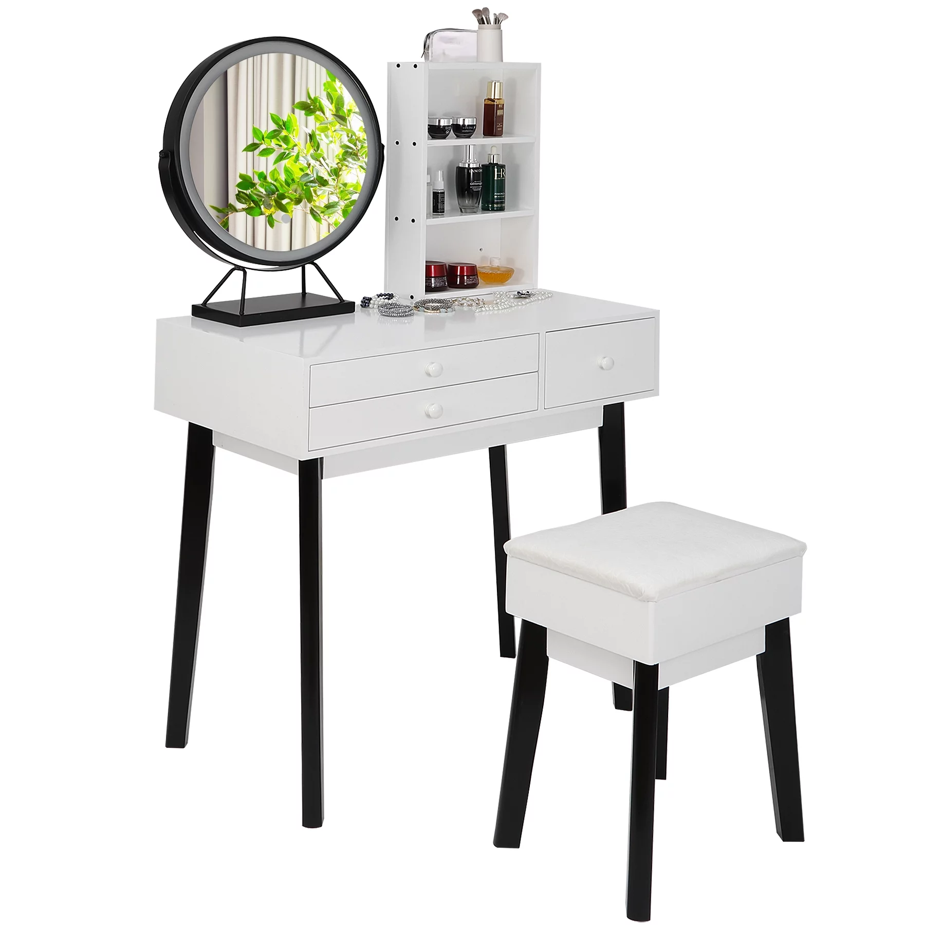 Lafuria vanity set with lighted mirror,Make up vanity dressing table with cushioned stool set in black and white