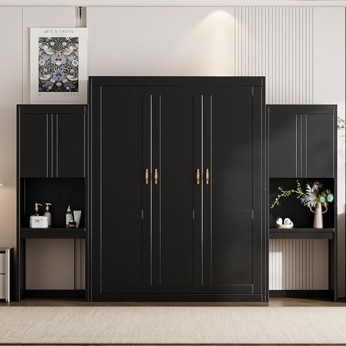 SOFTSEA Queen Size Murphy Bed with Desk and Storage, Wood Queen Wall Bed Frame with Vanity & Shelves, Space-Saving for Guest Room, Bedroom or Office