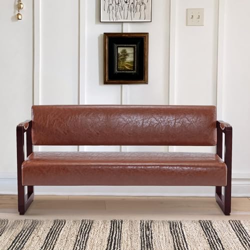 BarberPub Waiting Room Chairs, Bench with Backrest, Modern Style Leather Bench with Rivets, Faux Leather Armed Bench