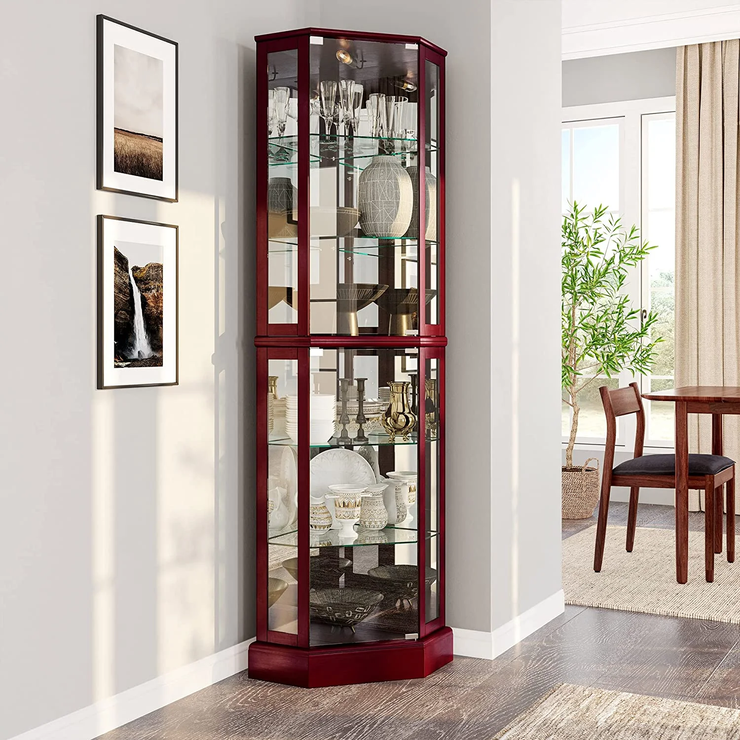 Lighted Corner Display Curio Cabinet Wooden Curved Shelving Unit with Tempered Glass Door, Bar and Liquor Storage Area with 6 Shelves