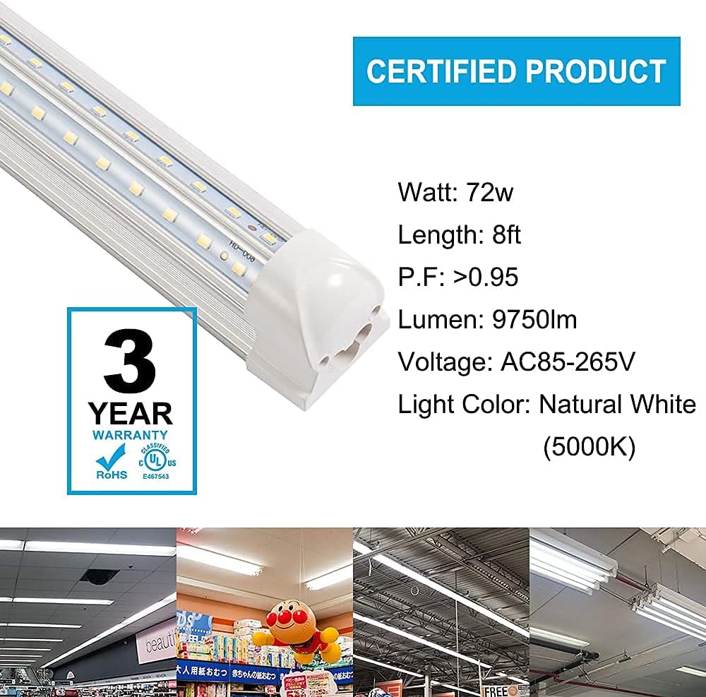 8FT LED Shop Light 8 Foot Led Lights 72w 8500LM 5000K LED Shop Light 8ft, 96'' T8 Integrated LED Tube, Linkable Led Bulbs for Garage, Warehouse