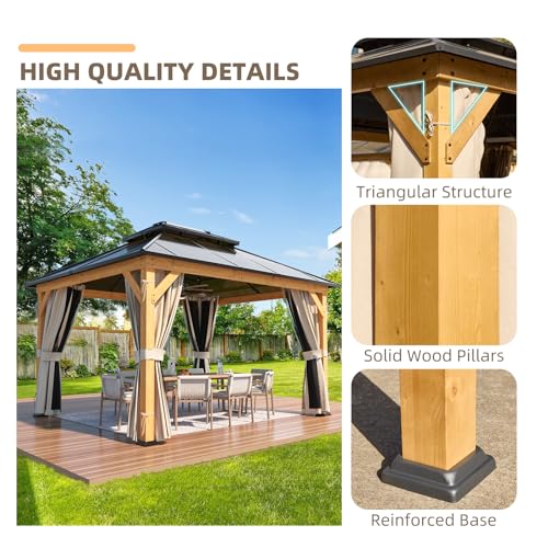 YOLENY 10'x13' Hardtop Gazebo, Outdoor Polycarbonate Double Roof Canopy, Aluminum Frame Permanent Pavilion with Curtains and Netting
