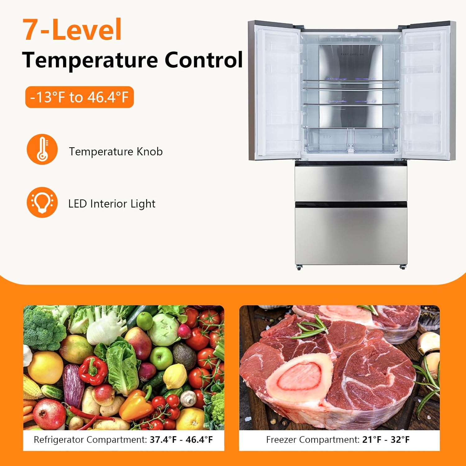 French Door Refrigerator, 18.8 Cu.Ft. Counter Depth Stainless Steel Refrigerators, 4 Door Fridges Full Size Bottom Freezer Kitchen Fridge