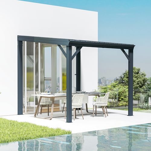 Domi 10' x 14' Lean to Gazebo, Wall Mounted Gazebos Pergola with Built in Drainage System, Galvanized Steel Roof