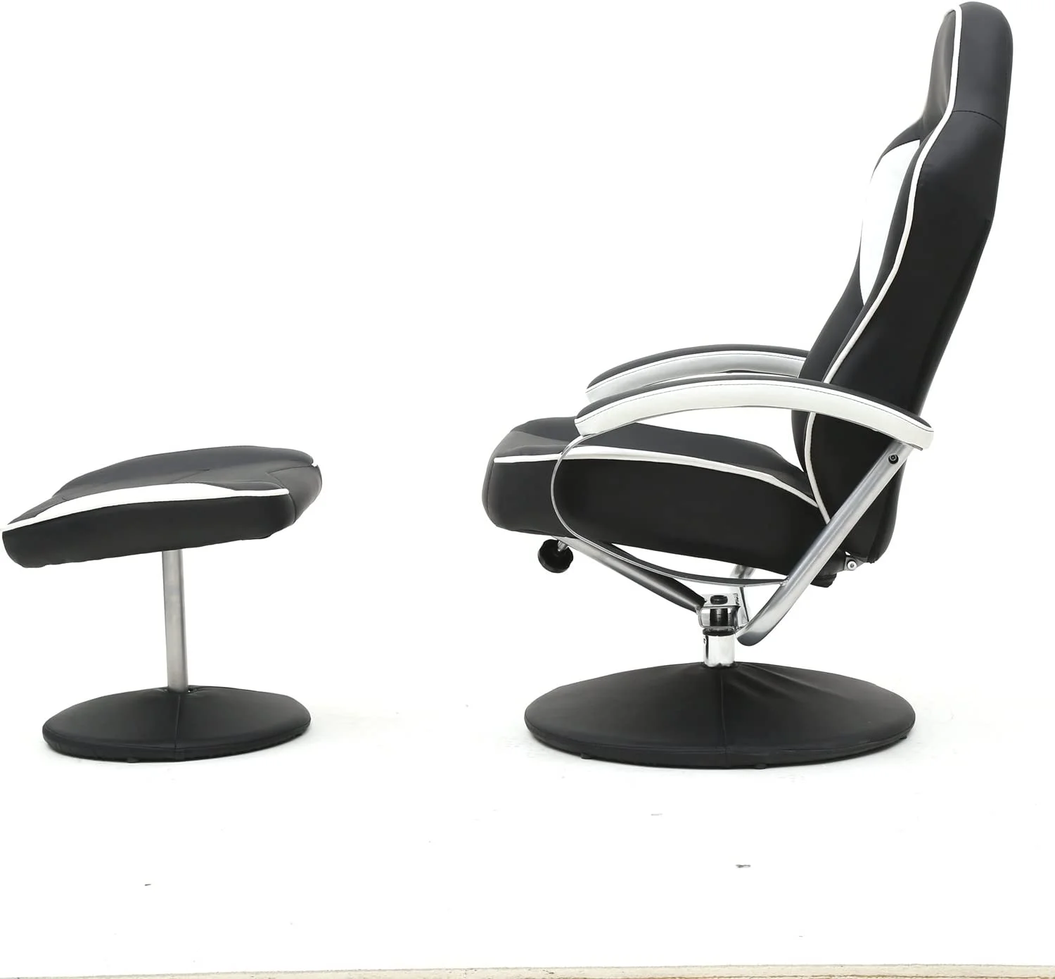 Black PU Racing Recliner Chair Set 360 Degree Swivel With Ottoman For Video Game Office Home Theater