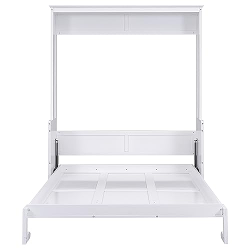 Queen Size Murphy Bed Wall Cabinet with 2 Wardrobe and Storage Shelf, Wooden Murphy Cube Wall Bed