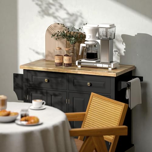 HOMCOM Kitchen Island on Wheels, Rolling Cart with Rubberwood Top, Spice Rack, Towel Rack and Drawers for Dining Room, Navy Blue