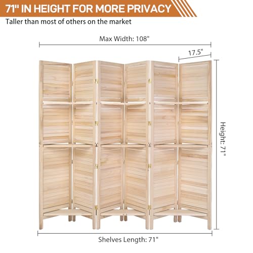 Bonnlo 6 Panels Wood Room Divider with Shelves, 6 FT Height Folding Privacy Screens, Indoor Freestanding Room Partition Wall Divider