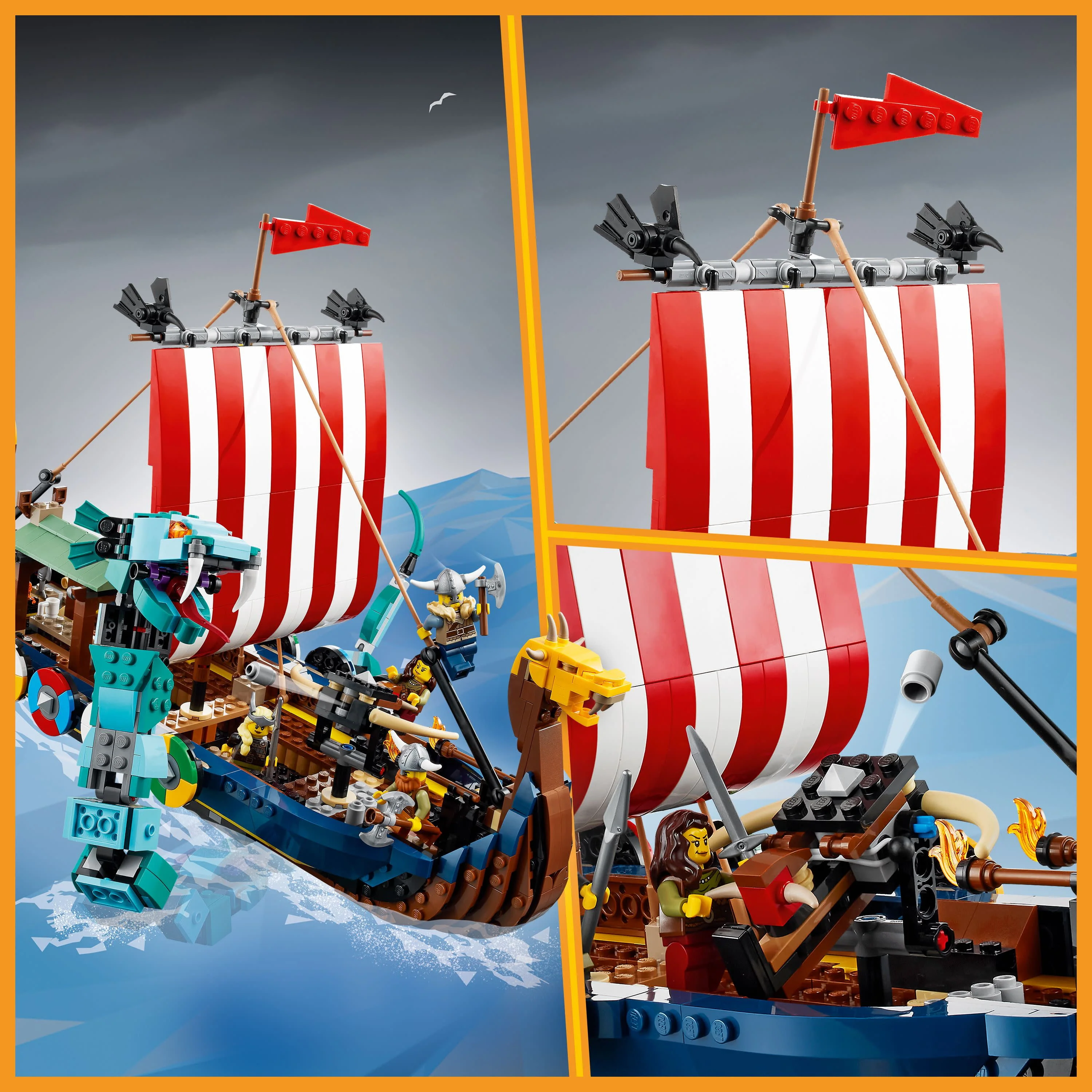 LEGO Creator 3 in 1 Viking Ship and the Midgard Serpent, Transforms from Amazing Ship to Viking House or Fenris Wolf Figure, Gifts for Kids, Boys
