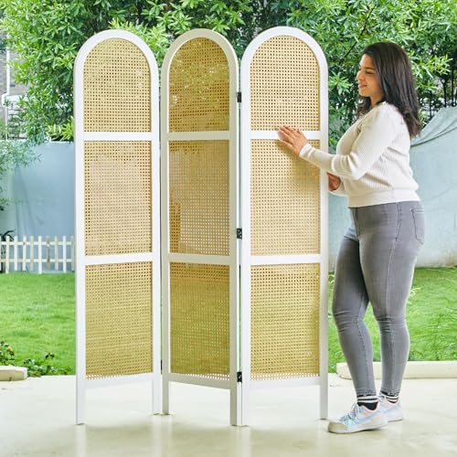 Room Divider and Folding Privacy Screens, Pine Wood 5.6 Ft Double Hinged Rattan Partition Freestanding Wall Room Divider for Home - 3 Panels