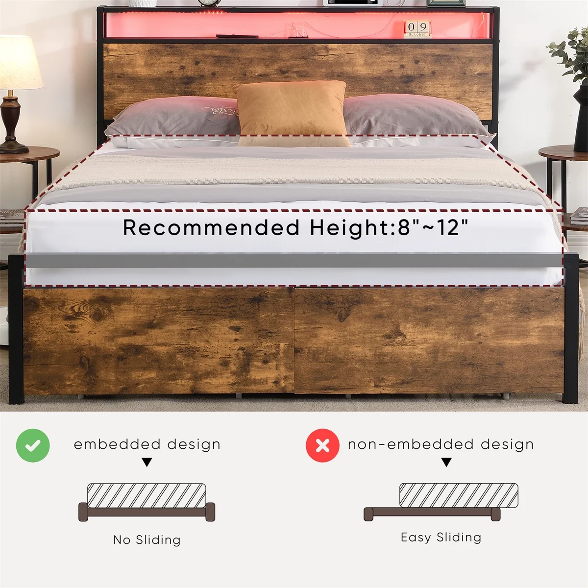 Queen Size Bed Frame with Storage Headboard and 2 Drawers, LED Lights Bed with Charging Station, Metal Platform Bed No Noise