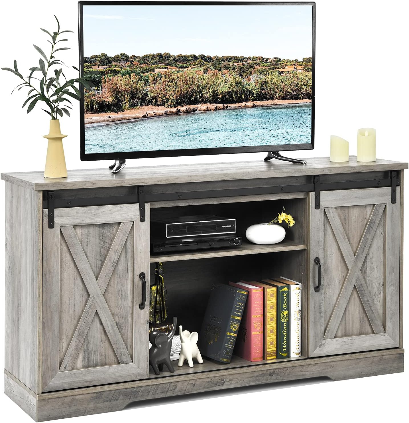 Tangkula Sliding Barn Door TV Stand for TV up to 65 Inches, Farmhouse Entertainment Center with Adjustable Storage Shelves, Cable Holes