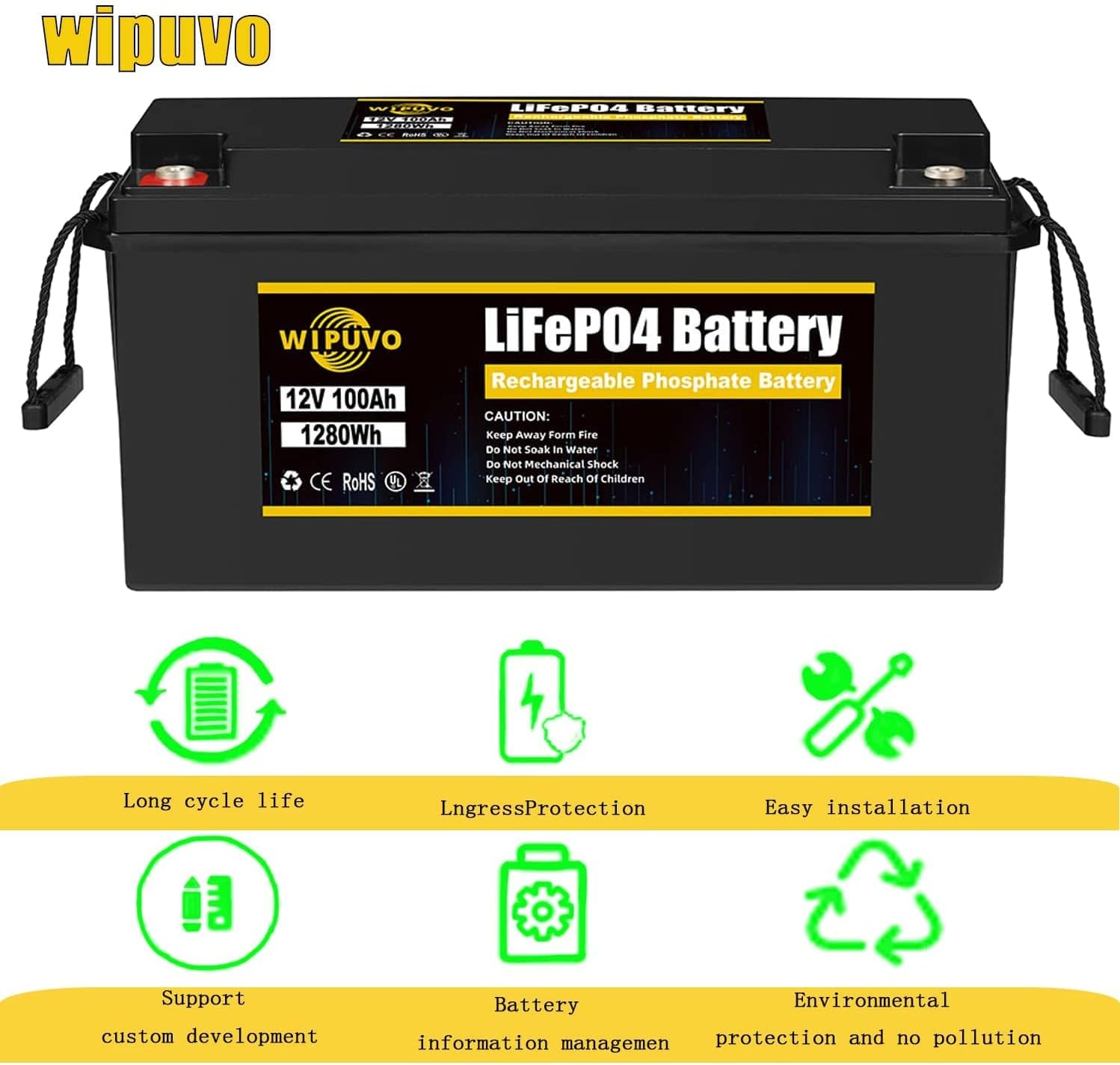 WIPUVO 12V 100Ah Lithium Battery LiFePO4 Deep Cycle Rechargeable Battery Pack with Built in BMS Perfect for RV Solar and Off Grid Applications
