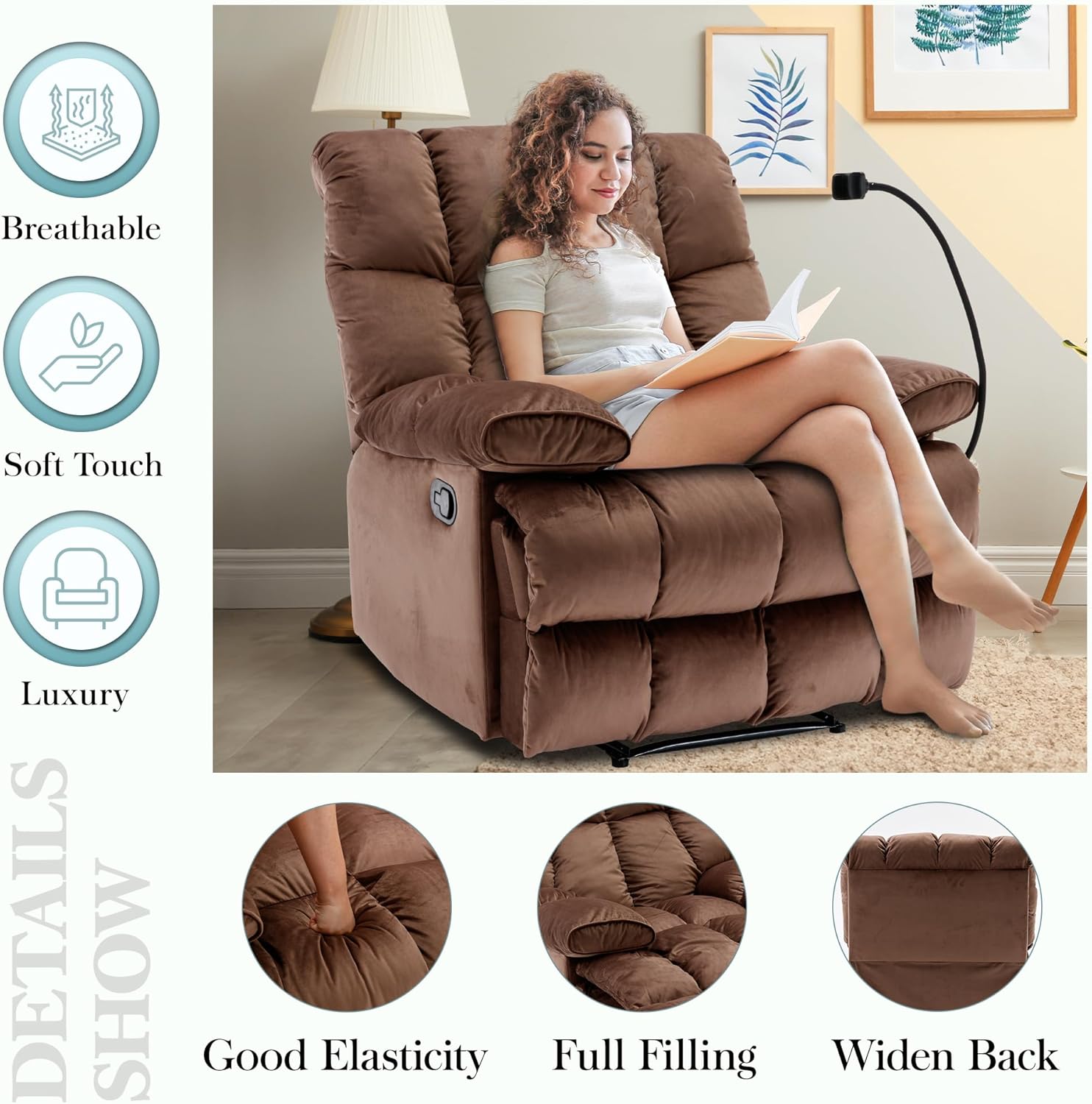 Oversized Recliner Chair 400LBS, Manual Recliner with Soft Overstuffed Arms and Back, Velvet Oversized Recliner Chair for Living Room, Bedroom